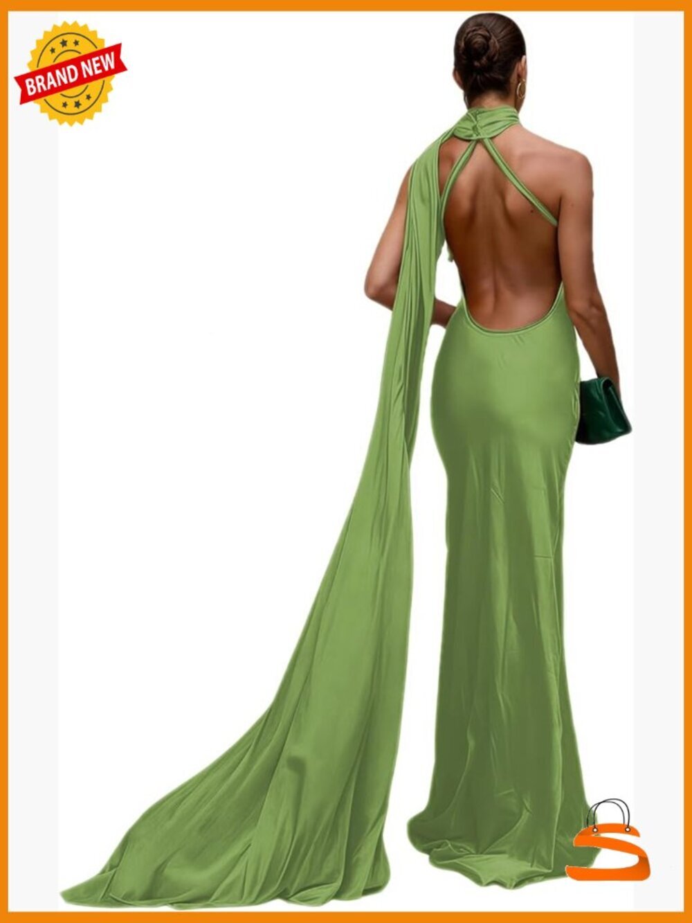 Satin One Shoulder Maxi Dress with Long Scarf Backless Prom Evening Gown